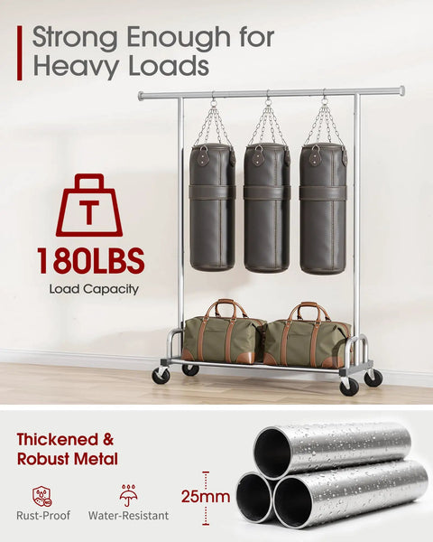 Heavy Duty Metal Clothes Rack With Sure Grip Lockable Wheels, Extendable Rod To Max Out Your Storage, Holds Every Fit You Own, Sleek Silver Design Keeps Small Bedrooms Or Entryways Clutter Free