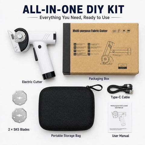 Built Tough Cordless Electric Cutter With 4V Motor And 3000mAh Battery, rotary shears with SK5 blades and accessories in a DIY kit.