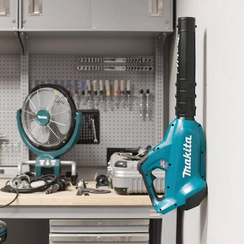 No Nonsense 36V Brushless Cordless Leaf Blower With Beast Mode Airflow and Smooth Handling for Yard Cleanup, hung on wall in garage.