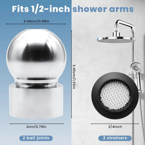 Two Pack Half Inch Shower Arm Ball Joint Adapters With Gaskets Washers And Filters For Standard Swivel Shower Heads Chrome Finish Durable Metal Construction Easy Install Replacement, 1/2-inch chrome metal adapter