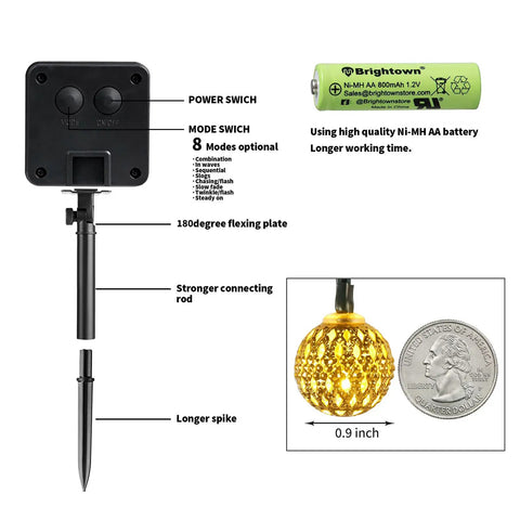 Outdoor Solar Globe String Lights 2 Pack 60 LED 35.6 Ft Waterproof Moroccan Style showing mode switch and battery