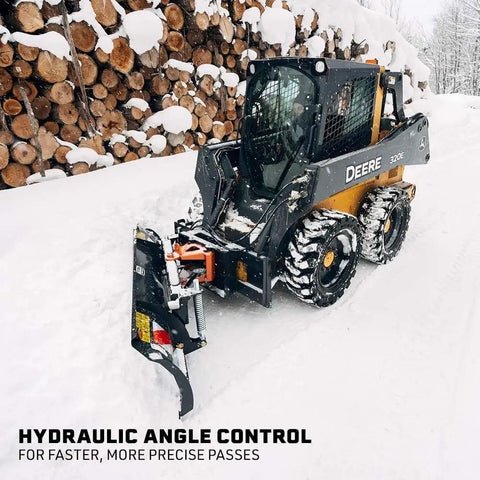 Skid steer with Beast 79 Inch Hydraulic Dozer Blade For Skid Steer With SSQA Quick Attach Snow Blade pushing snow near logs