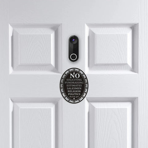No Soliciting Sign Aluminum Six By Four Point Seven Inch Self Adhesive Metal Door Sign For Front Door Home And Business No Soliciting Religion Fundraising Estimates Salesmen on white door
