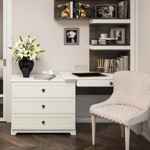 White dresser with Ten Pack One And One Quarter Inch Matte Black Round Cabinet Knobs Zinc Solid Drawer Pulls in a stylish room.