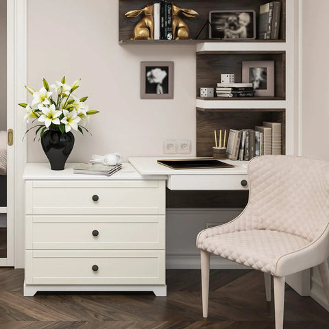 Home office with white desk featuring 30 Pack 1 1/4 Inch Top Notch Sleek Matte Black Round Kitchen Cabinet Knobs Zinc Solid Drawer Pulls.