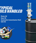 No Fuss Air Operated Oil Transfer Pump Pneumatic Double Action Fluid Transferrer High Flow 3.2 Gpm Three To One Ratio on a drum with oil types listed.
