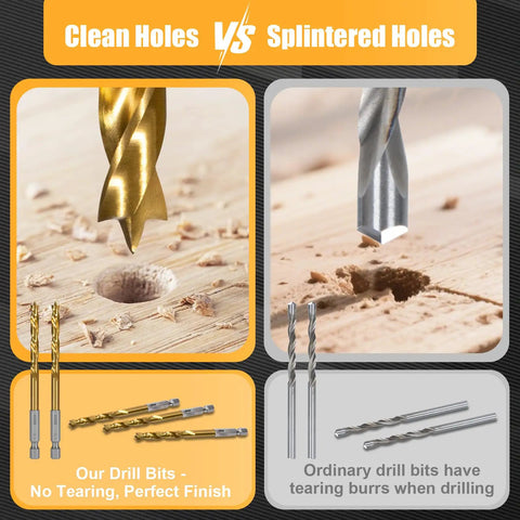 Comparison of clean and splintered holes drilled with 14 Piece Hex Shank HSS-G Brad Point Drill Bit Set For Woodworking Pros, Double Flute Design For Quick Chip Removal, Perfect For Fine Woodworking And Cabinetry, Metric Sizes 3mm To 10mm, Comes With Handy Storage Case and ordinary drill bits.