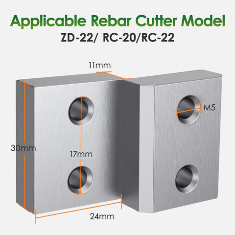 Heavy Duty Electric Rebar Cutter Blades 30X24X11mm, precision jaw set for models ZD-22 RC-20 RC-22 with mounting holes.