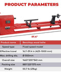 Flyrivergo 14 Inch By 40 Inch Benchtop Mini Wood Lathe Machine 370 Watt 110 Volt Power Turning Tool For DIY Woodworking Projects red finish with dimensions.