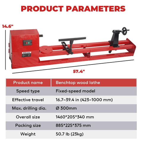Flyrivergo 14 Inch By 40 Inch Benchtop Mini Wood Lathe Machine 370 Watt 110 Volt Power Turning Tool For DIY Woodworking Projects red finish with dimensions.