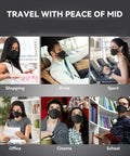 People wearing KN95 Face Masks 50 Pack for Adults and Teens, Soft And Comfy Disposable Masks With Up To 95 Percent Filtration, Black 3D Ergonomic Design For Secure Fit And Everyday Protection in various settings including shopping, driving, exercising, office, cinema, and school for daily protection.