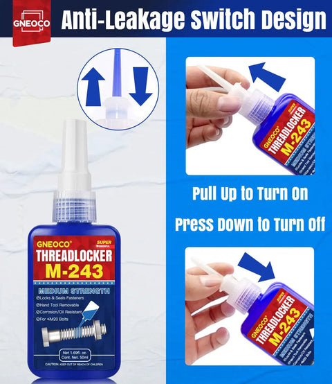 Blue And Red Thread Lock For Nuts Bolts And Fasteners Medium High Strength Lock Tight With Anaerobic Curing To Prevent Loosening And Corrosion On Metals Easy To Use With 20 Minute Initial Cure 100ml with anti-leakage switch.