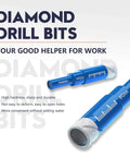 Front view of 5 blue dry diamond core drill bits for tile and stone with round shanks