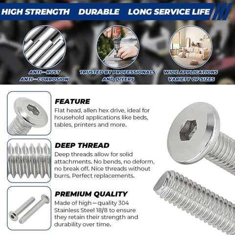 Top Shelf 10 Pack M6 X 45mm Full Thread Flat Head Binding Screws Paired With Matching Nuts Includes Hex Key Rock Solid 304 Stainless Steel close-up.