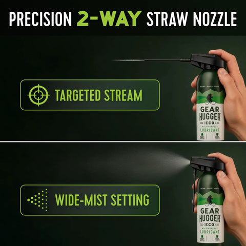 Eco Friendly Multipurpose Lubricant Spray 11 Oz precision 2-way straw nozzle demonstrating targeted stream and wide-mist setting.