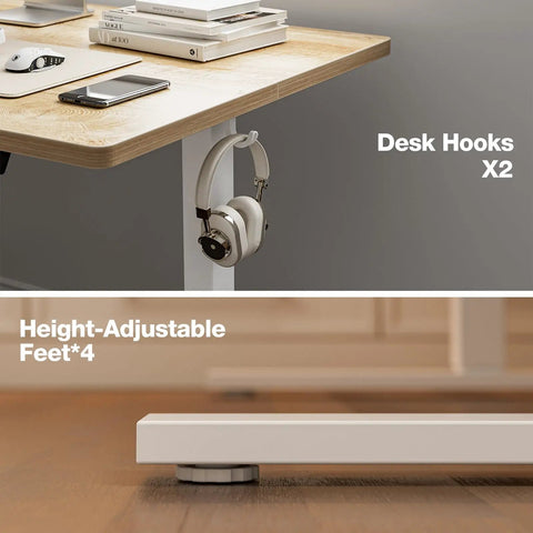 Close-up of Wide 55x32 Inch Electric Standing Desk With Height Adjustment, showcasing hooks and adjustable feet, oak finish.