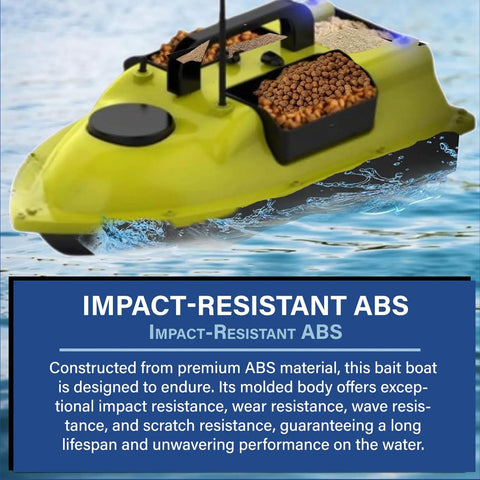 GPS Guided RC Bait Boat With Auto Return showcasing impact-resistant ABS material on water with triple hopper.