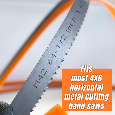 Two Pack 64-1/2 Inch Band Saw Blades for Metal Cutting, showing close-up of 0.020 inch thick, 1/2 inch wide blades