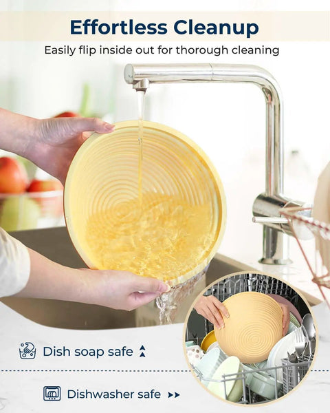 Person cleaning a silicone basket from All-In-One Sourdough Starter Kit With Silicone Proofing Baskets And Jar, water running