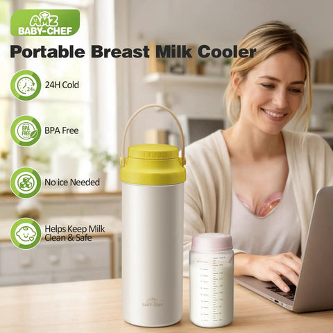 Grind Mode Ready Portable Breast Milk Cooler Pack Holds Two Twenty Two Ounce Thermal Containers Preserves Nutrients Up To Twenty Four Hours Total Vibe For Busy Moms Hitting The Road Or Office, BPA-free cooler with yellow lid and dual containers.