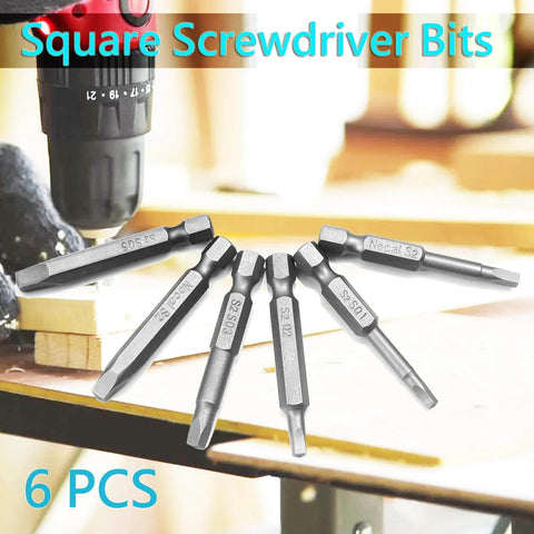 Square Head Screwdriver Bits Set, 6 Sizes SQ1 SQ2 SQ2.7 SQ3 SQ4 SQ5, 1/4 Inch Hex Shank, Magnetic Tips, Pro Grade Heavy Duty S2 Steel