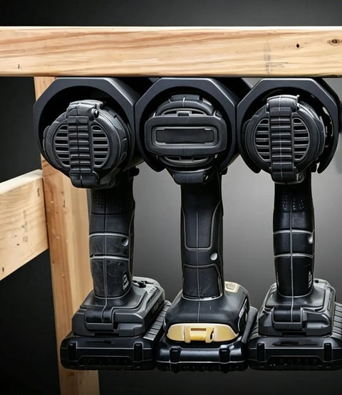 Top Shelf Power Tool Hanging Bracket With Slick Slide In Cabinet Mount For Drills And Impact Drivers Compatible With Porter Cable Heavy Duty Workshop Gear Holder Holds Two Pieces Built Tough secured with three drills on a wooden shelf.