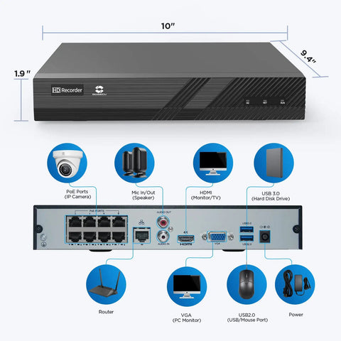 4K 8 Channel PoE NVR For CCTV Setup With Real Time 8 Channel Recording, Supports 8 IP Cameras Up To 8MP Or 4K front and back view