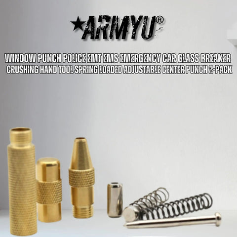 Knock Out Locked Windows Easy With This Heavy Duty Spring Loaded Glass Breaker Featuring Extra Steel Tip Adjustable Tension And A Knurled Brass Body For Rapid Emergency Rescue Two Pack, parts displayed
