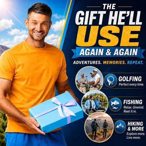 Smiling man holding gift box with blue ribbon, promotional poster highlighting golfing, fishing, hiking activities.