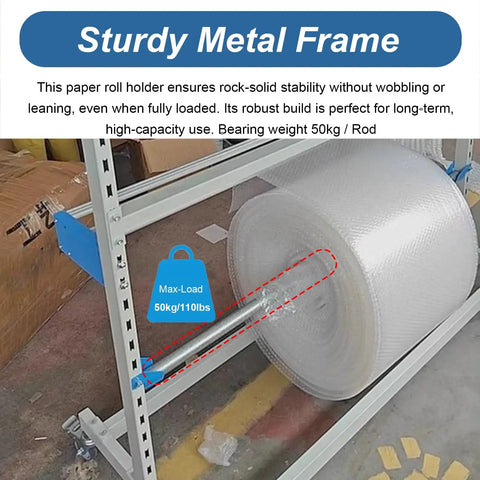 Hella Durable Bubble Wrap Roll Dispenser Cart Featuring Razor Edge Cutter And Smooth Gliding Casters Giving Your Fast Packing Moving Shipping Jobs A Smooth Ride with sturdy metal frame.