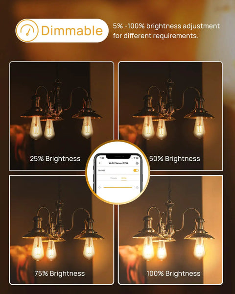 Smart Edison Bulbs 4 Pack WiFi LED E26 Edison Bulbs dimmable showcase at various brightness levels with app control image