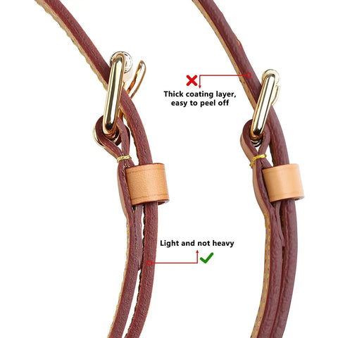 Top Shelf Genuine Vachetta Leather Shoulder Strap Straight Up Fine Short Purse Strap Thin Crossbody Handbag Replacement For Luxury Pochette Bag Apricot Tone, showing double buckle ends and genuine leather quality.