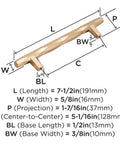 Diagram of Contemporary Champagne Bronze Cabinet Pull St Vincent Seven And A Half Inch Overall Length And Five And One Sixteenth Inch Center To Center Mounting Drawer Pull For Cabinets And Furniture 1 Pack dimensions with labeled measurements including length, width, projection, and center-to-center size.