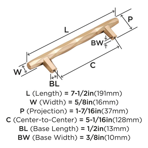 Diagram of Contemporary Champagne Bronze Cabinet Pull St Vincent Seven And A Half Inch Overall Length And Five And One Sixteenth Inch Center To Center Mounting Drawer Pull For Cabinets And Furniture 1 Pack dimensions with labeled measurements including length, width, projection, and center-to-center size.