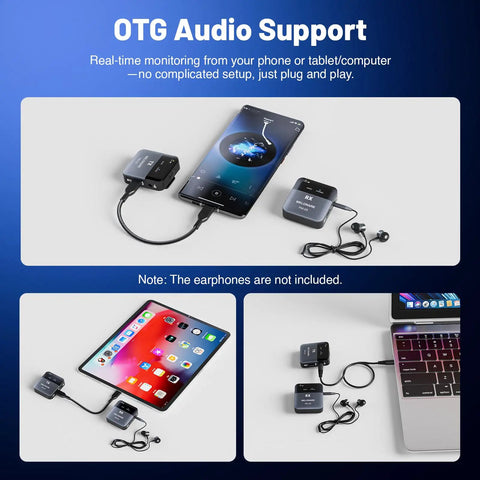 PM 2S Portable Wireless In Ear Monitor System With One Touch Mono Stereo Switch Rock Solid Wireless Transmitter And Receiver 24Bit 48kHz Audio OTG Input Ideal For Onstage Gigs Studios And Bands connected to smartphone, tablet, and laptop for OTG audio support.