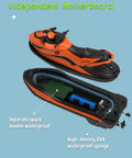 High Speed Dual Motor RC Motorboat With 2.4 GHz Remote, internal view showing waterproof cabin and independent motherboard, orange.