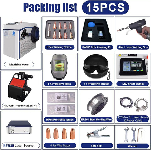 4 In 1 Beast Fiber Laser Welding Cleaning Cutting Soldering Machine With Auto Wire Feeder 15-piece accessory pack shown