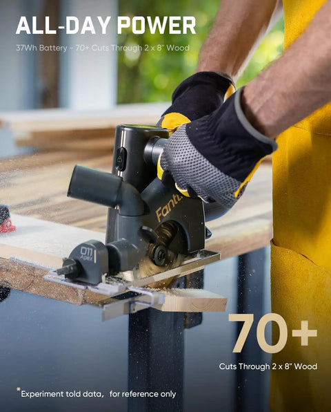 Bad Ass 4-1/2 Inch Mini Cordless Circular Saw With Brushless Motor Cranking Out 4700 RPM cutting through 2x8 wood.