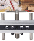 Silver Self Centering Doweling Jig Kit With Adjustable Width Drilling Guide And Six Bushings For Wood Joinery Projects