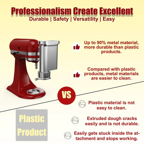 Image comparing metal and plastic for Heavy Duty Metal Pasta Press Attachment For KitchenAid Stand Mixer With Five Interchangeable Plates.