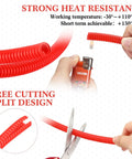 Quarter Inch Split Wire Loom Tubing Provides Straight Up Tough Cable Conduit Protection That Shuts Down Pet Chewing Threats While Keeping Your Electric Wire Cord Arrangement Crisp And Zero Hassle In Bold Red, showing cuttable red tubing with heat resistance.