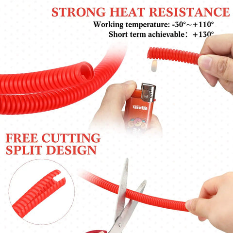 Quarter Inch Split Wire Loom Tubing Provides Straight Up Tough Cable Conduit Protection That Shuts Down Pet Chewing Threats While Keeping Your Electric Wire Cord Arrangement Crisp And Zero Hassle In Bold Red, showing cuttable red tubing with heat resistance.