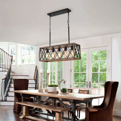 Farmhouse Rustic 5 Light Pendant Chandelier With Adjustable Height Chains Dope Wood Grain Finish over dining table.