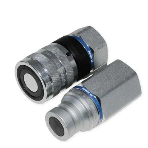 Drop-In Flat Face Hydraulic Quick Connect Coupler With One Inch Npt Threads And Dust Caps For Tractor And Backhoe ISO 16028 heavy-duty couplers, zinc finish.