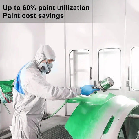 Person using Paint Sprayer Kit With Quick Mixing Cup, HVLP Spray Gun, 1.4 to 2.0mm nozzles on car panel, showcasing green paint application.