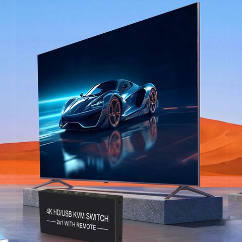 4K HDMI KVM Switch For Dual Computers Seamlessly Share One Monitor With USB 3.0 Hub Quick Toggle Keyboard And Mouse Printer On Windows Linux PS5 Xbox on a desk with a sports car image displayed.