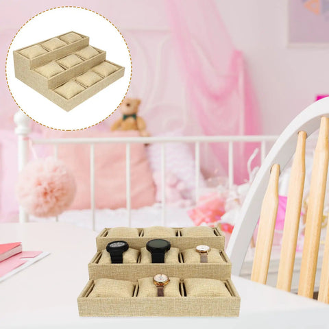 Straight Fire Nine Grid Watch Storage Tray With Plush Linen Cushion features three tiers holding four watches.
