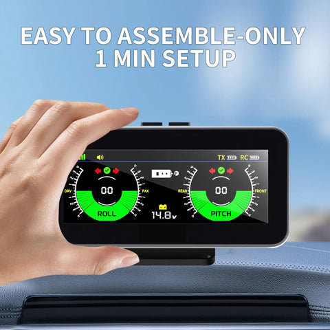 Wireless Rv Leveling System With Lcd Display For Travel Trailers Five Minute Install No App Or Phone Needed Super Easy Wall Suction Mounts Solid Plug Play Rig For Smooth Camper Adventures - LCD display showing roll and pitch readings with hand adjustment.