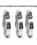 Three stainless steel hose clamps, 32-50mm range, angled front view