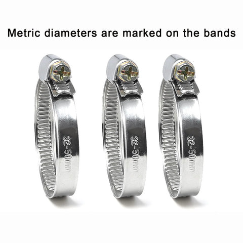 Three stainless steel hose clamps, 32-50mm range, angled front view